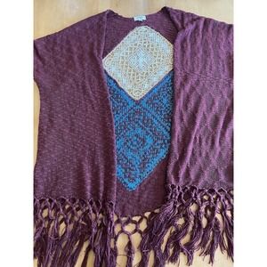 Umgee Women's Boho Knit Aztec Fringed Lace Inlay Ruana Cardigan Size S/M